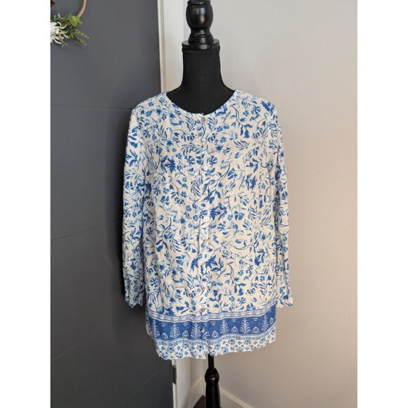 Joie Blue & White Floral 100% Linen Button-Front Roll Tab Sleeve Tunic Top - 1X - Picture 1 of 7